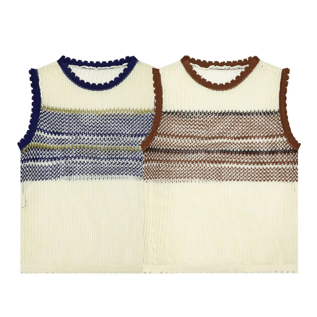 Hollow out contrasting color sleeveless round neck knitted sweater vest for women