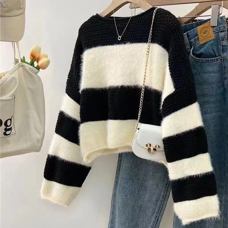 Color Block Striped Knit Pullover Sweater for Women, Loose Fit Top