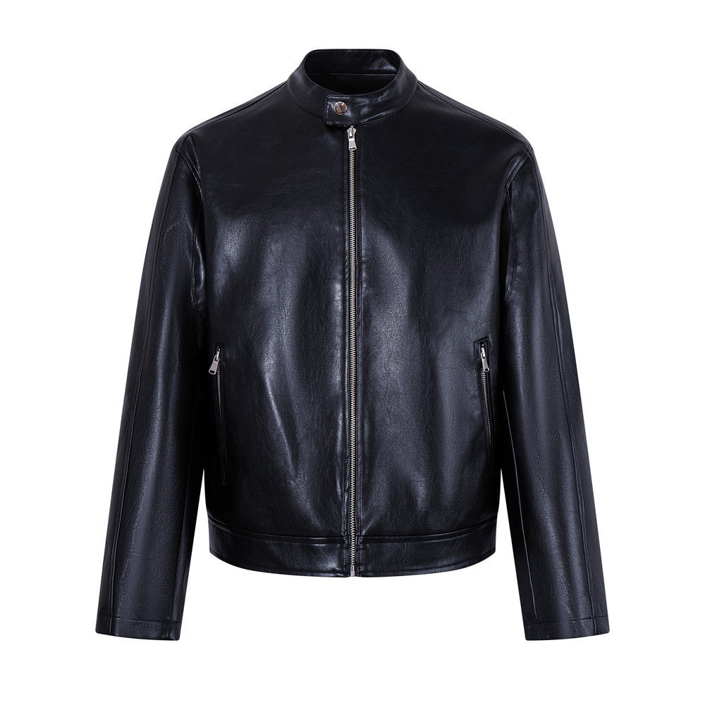 PU leather jacket stand up collar jacket