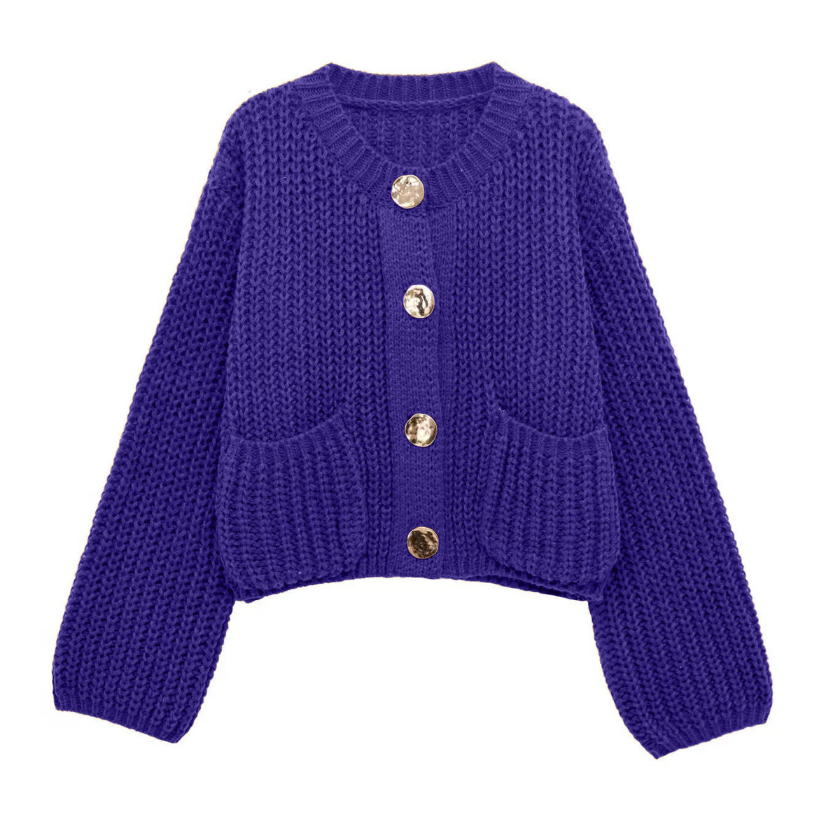 Women's Plain Color Round Neck Knit Cardigan Coat, Loose Casual Long Sleeve Sweater Top