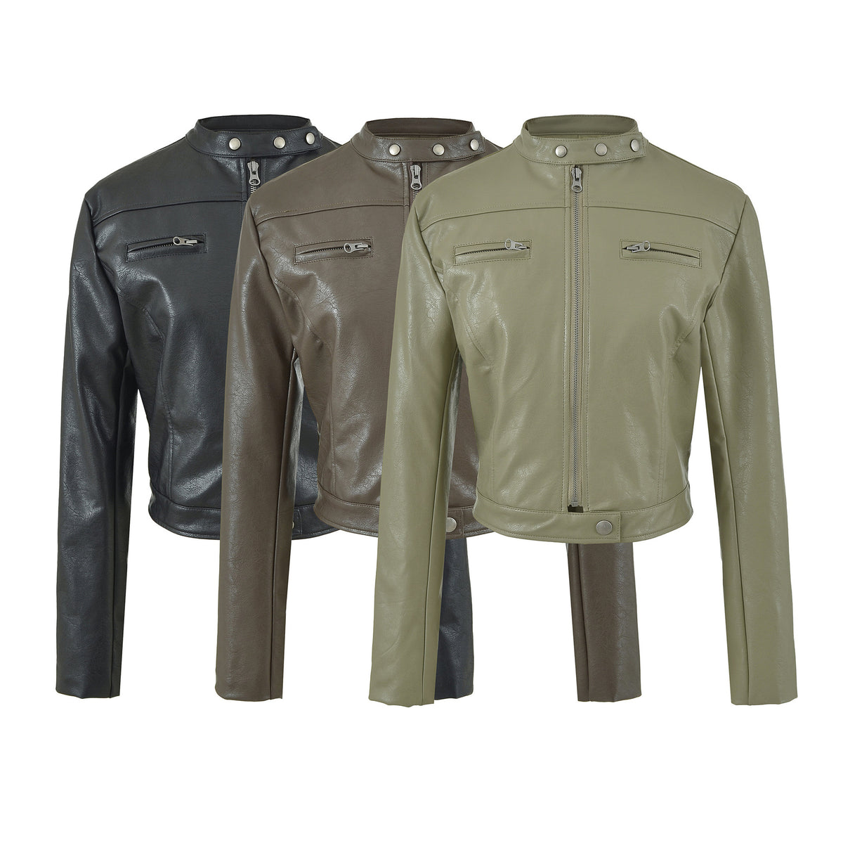 Vintage Brown PU Leather Zip-Up Stand Collar Cropped Jacket