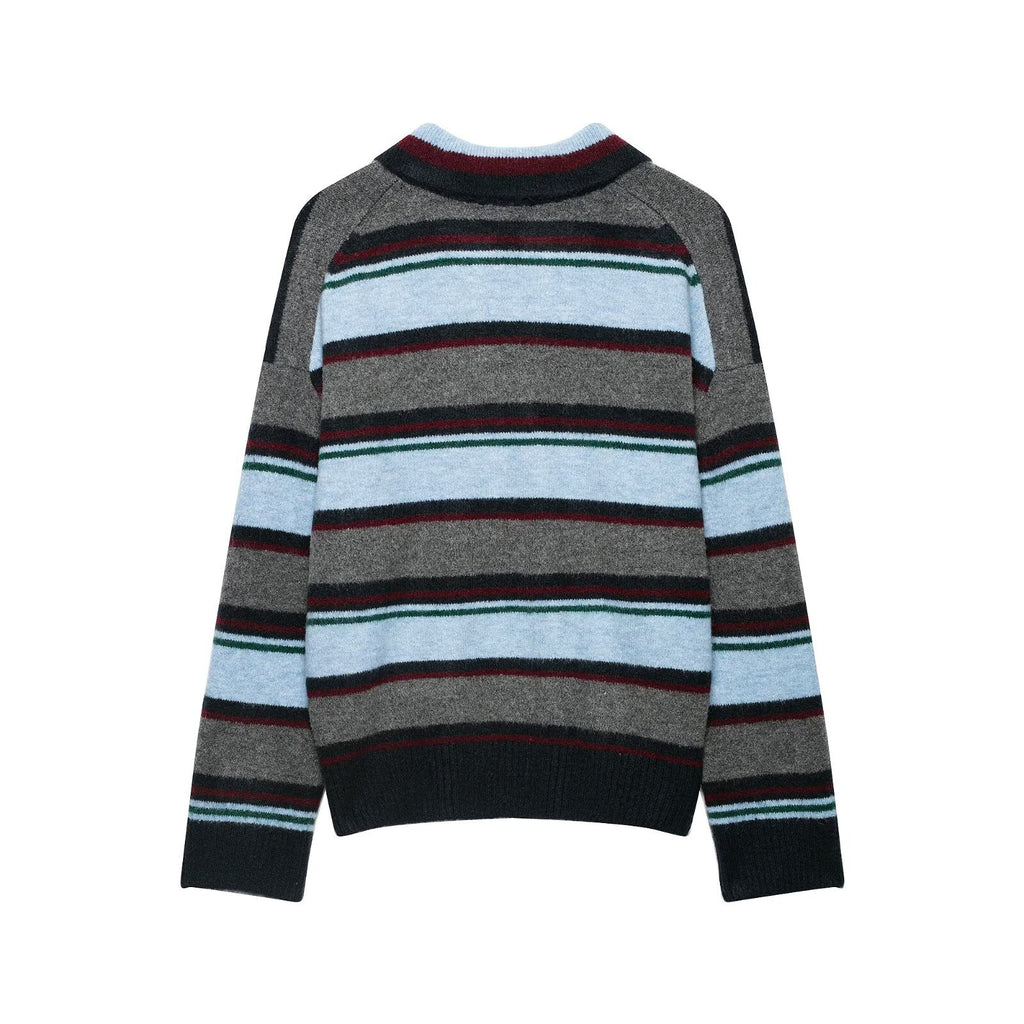 POLO collar long sleeved striped knitted sweater for women