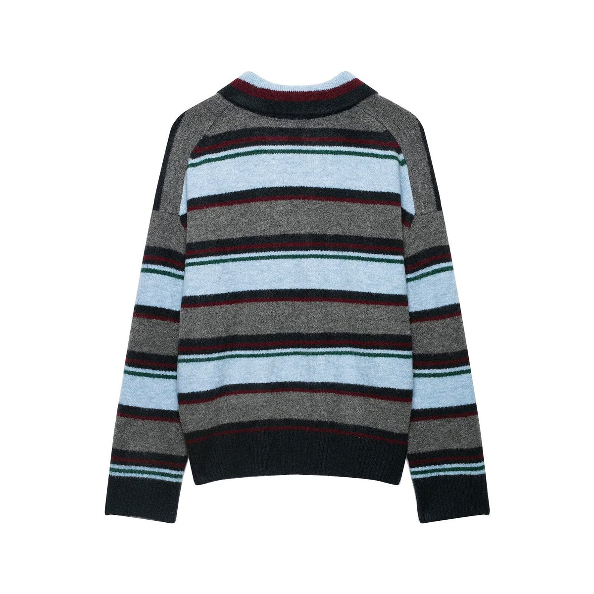 POLO collar long sleeved striped knitted sweater for women