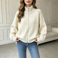 Stand up collar double zipper sweater for women