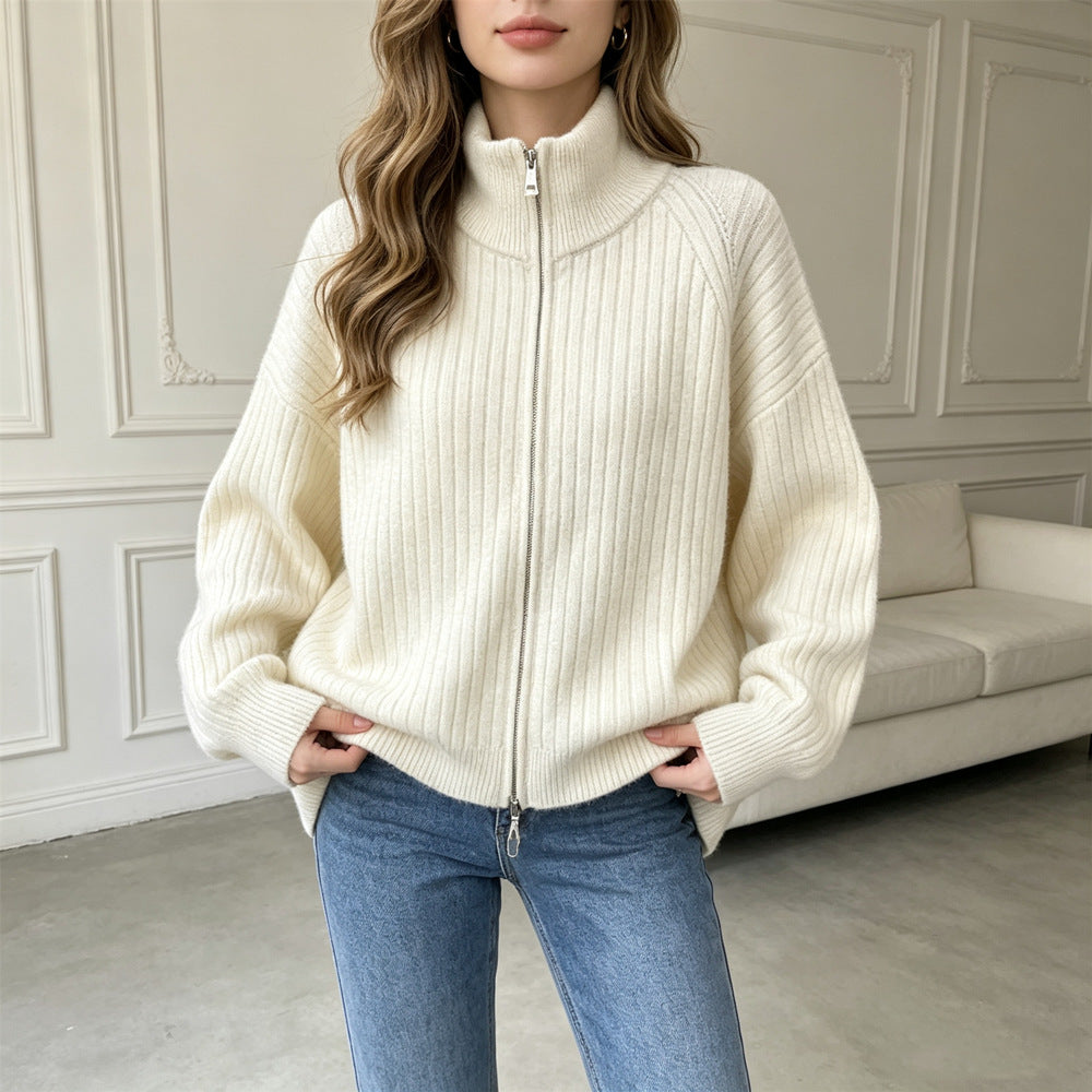 Stand up collar double zipper sweater for women