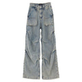 Retro pleated washed denim jeans for men