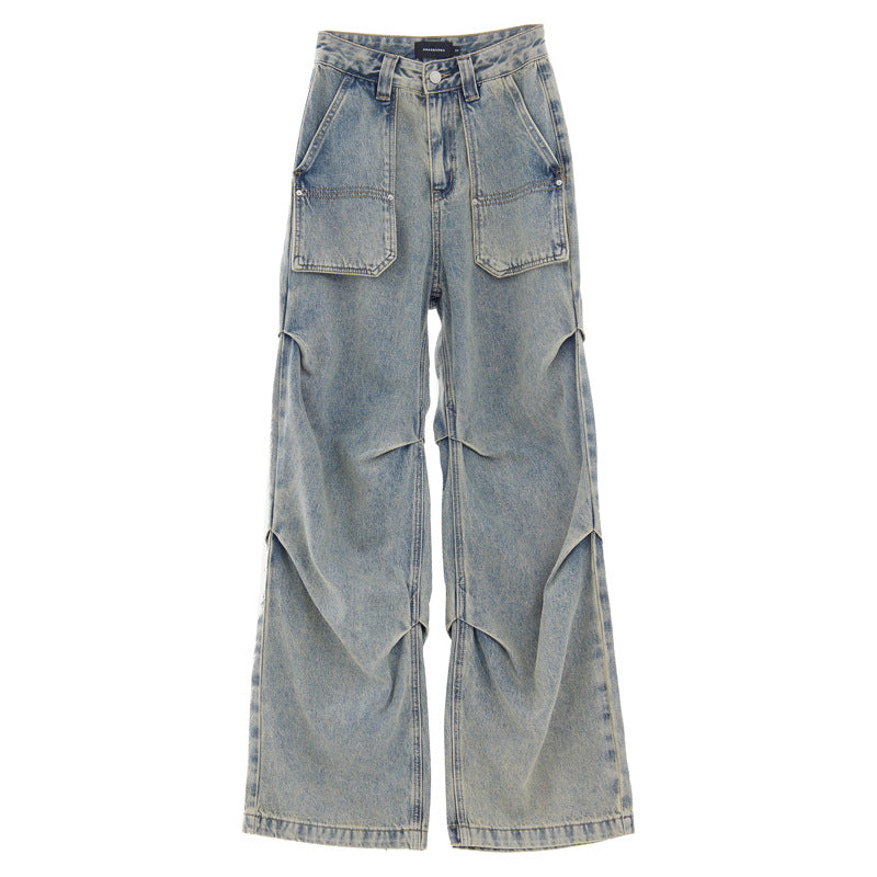 Retro pleated washed denim jeans for men