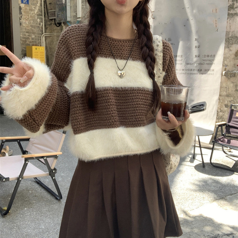 Color Block Striped Knit Pullover Sweater for Women, Loose Fit Top