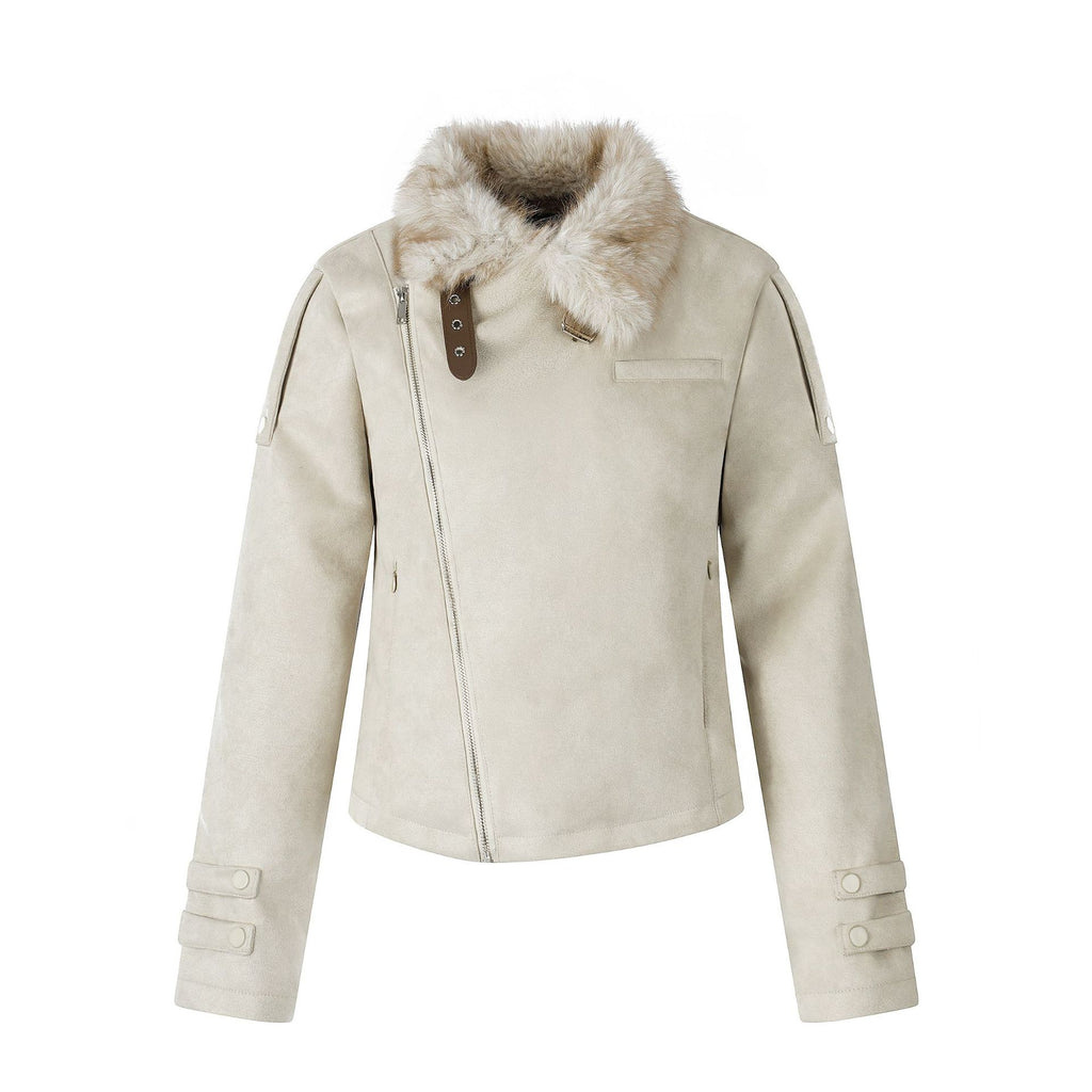Casual Suede Jacket with Diagonal Zipper and Plush Collar, Cropped Fleece-Lined Biker Coat