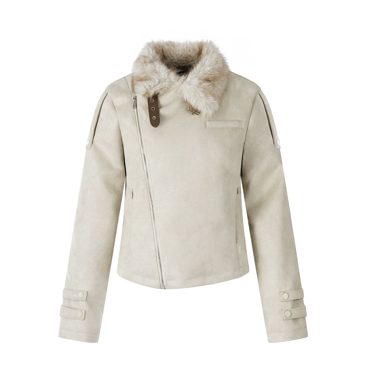 Casual Suede Jacket with Diagonal Zipper and Plush Collar, Cropped Fleece-Lined Biker Coat