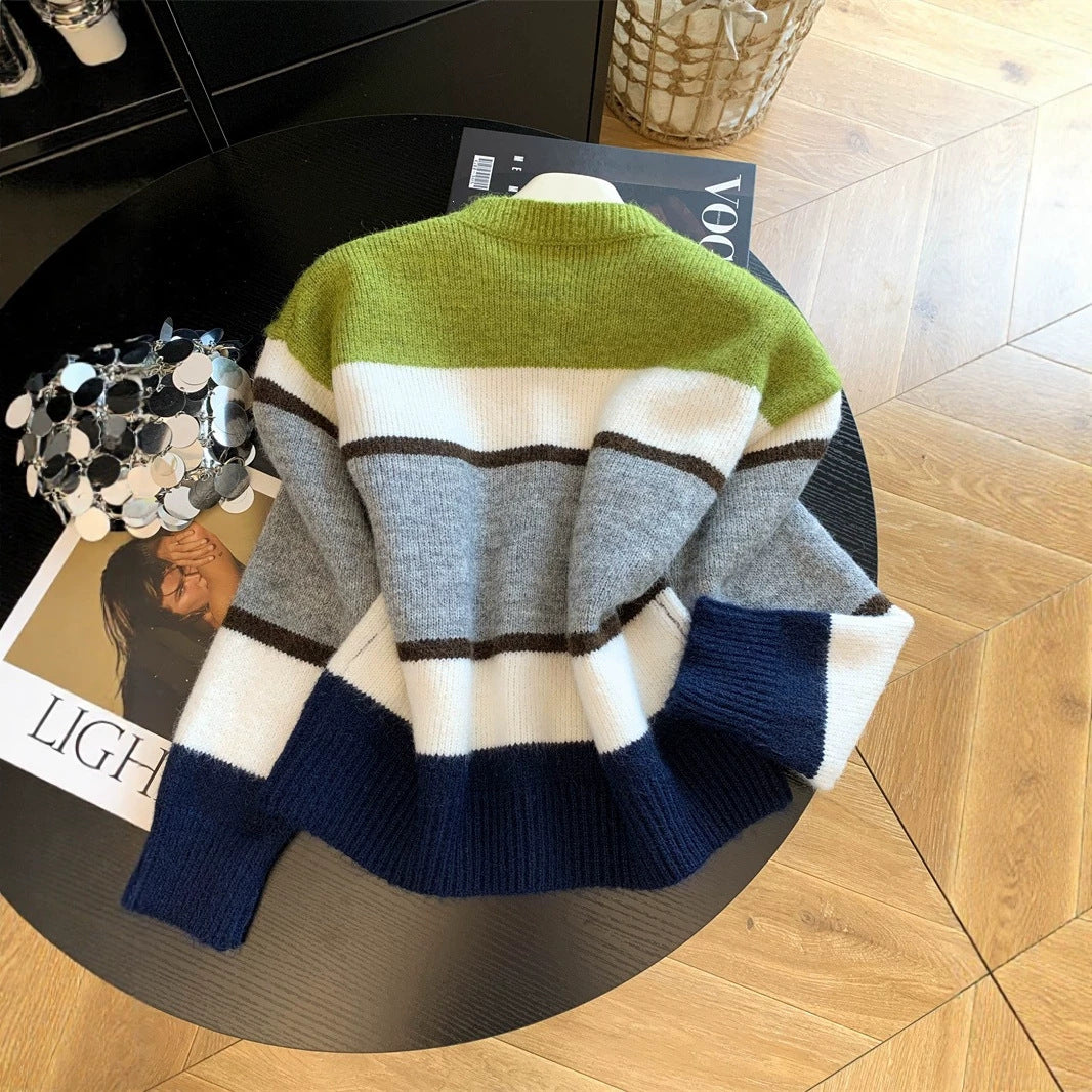 Women's Vintage Color-Block Striped Knit Cardigan Relaxed Fit Sweater Top