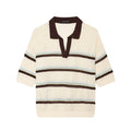 Short sleeved contrasting lapel striped knit sweater for women