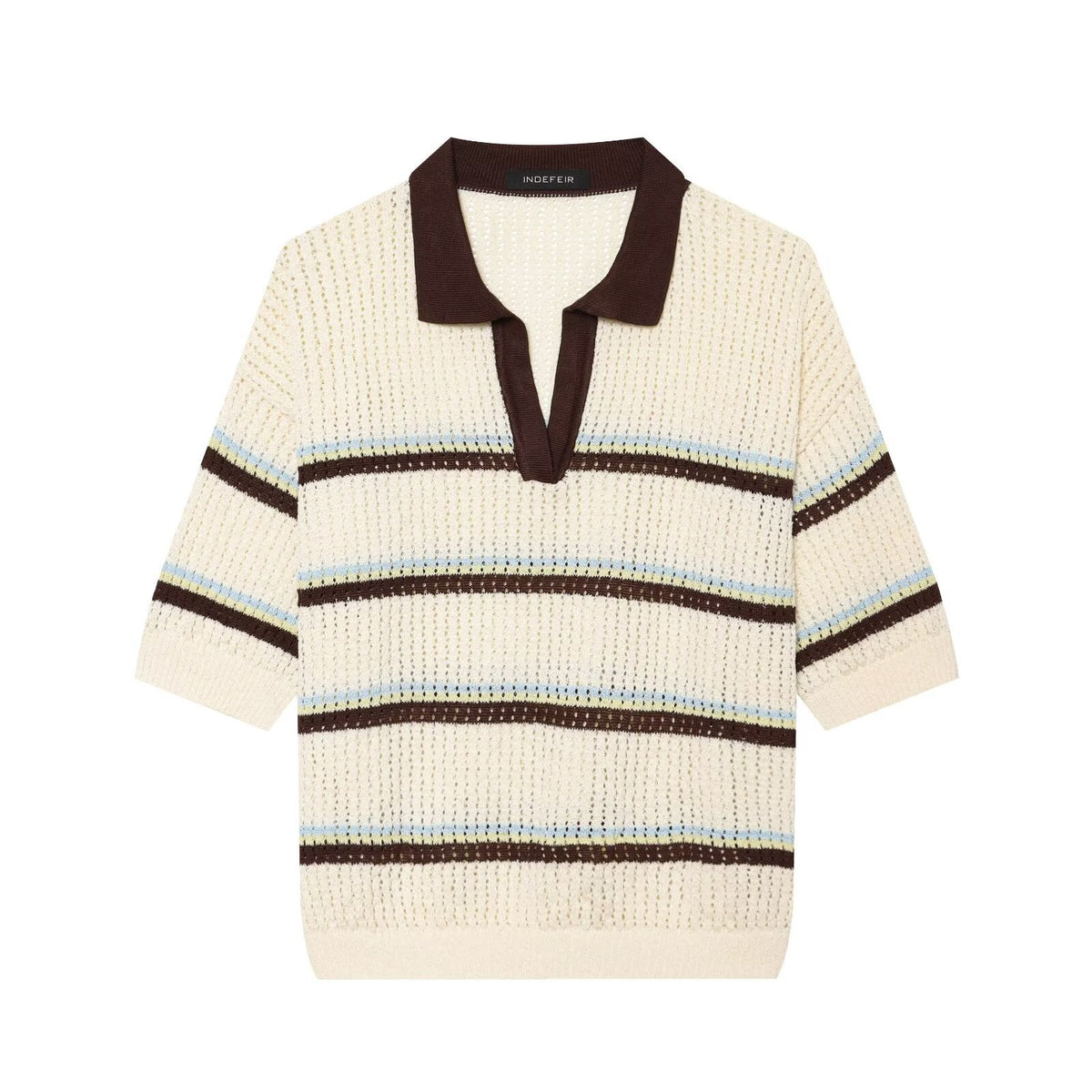 Short sleeved contrasting lapel striped knit sweater for women