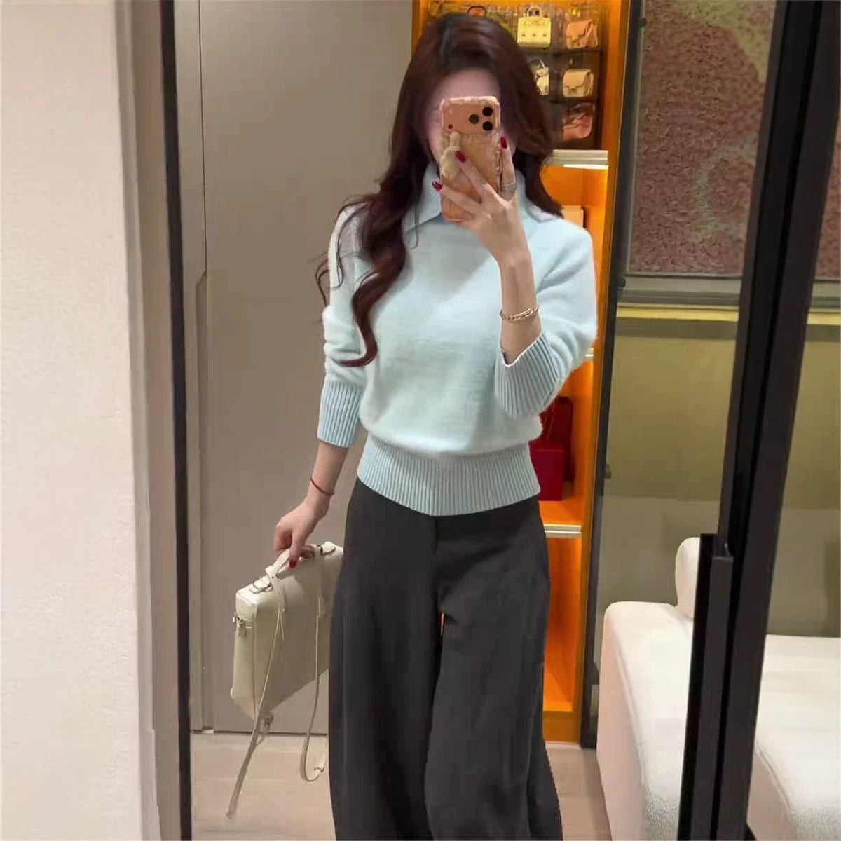 Women's Lapel Collar Long Sleeve Soft Faux Mink Knit Sweater