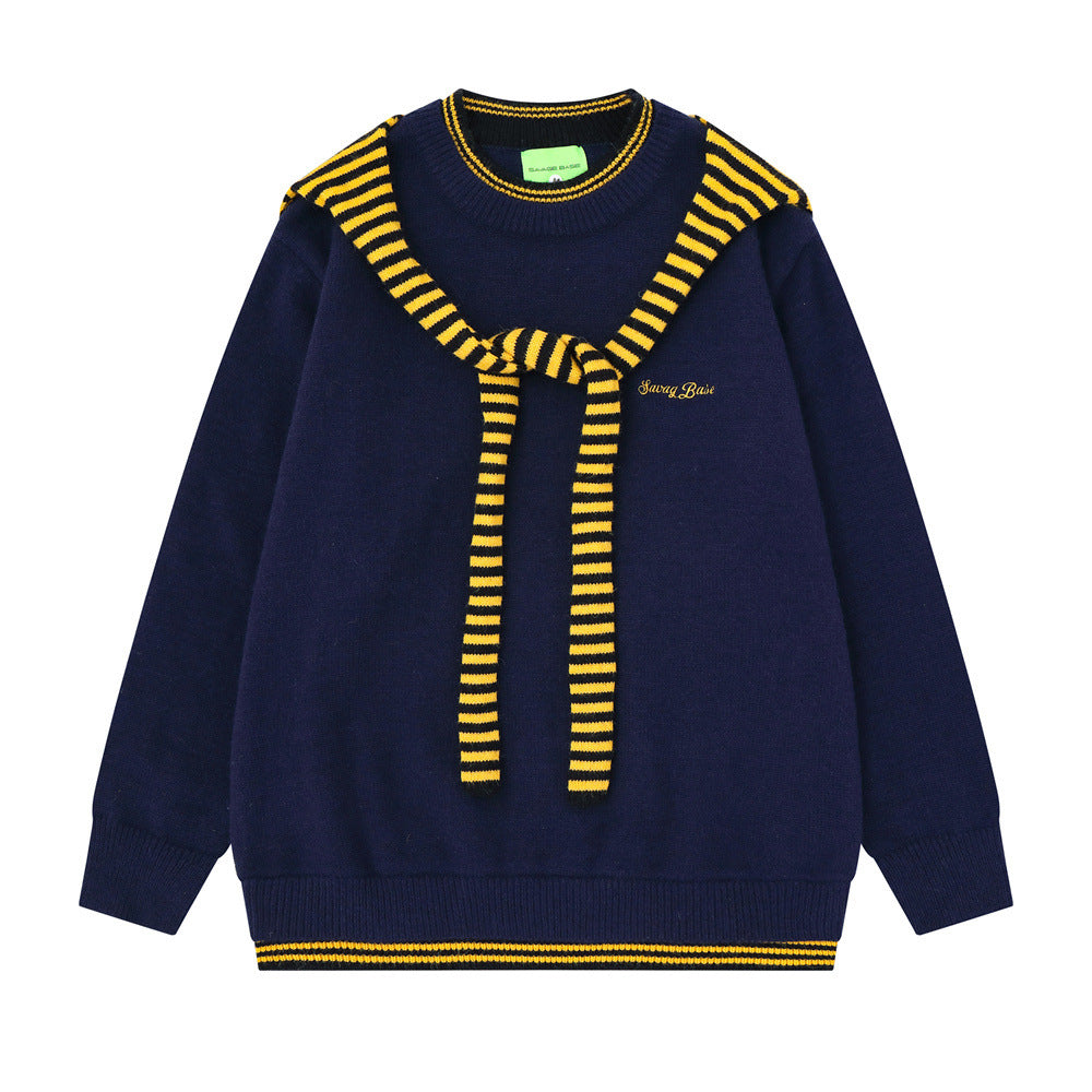 Fake two striped patchwork shawl round neck sweater