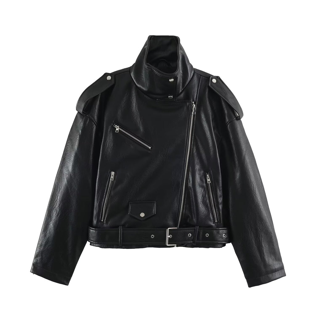 Leather motorcycle jacket with waistband