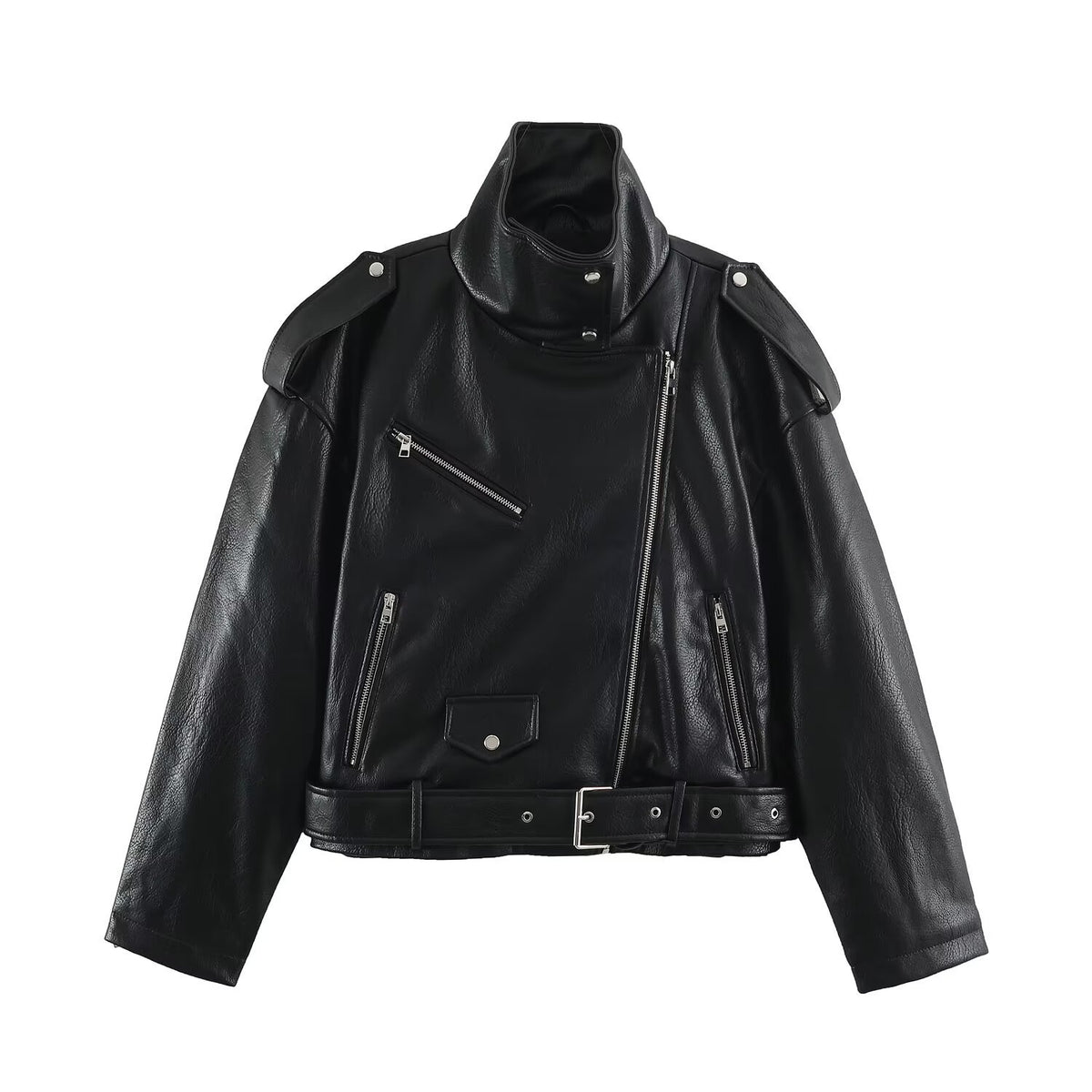 Leather motorcycle jacket with waistband