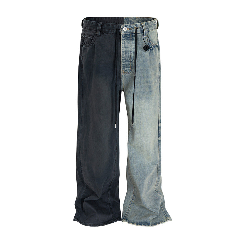 Straight Jeans Asymmetric Color Block Vintage Wide Leg Jeans Men