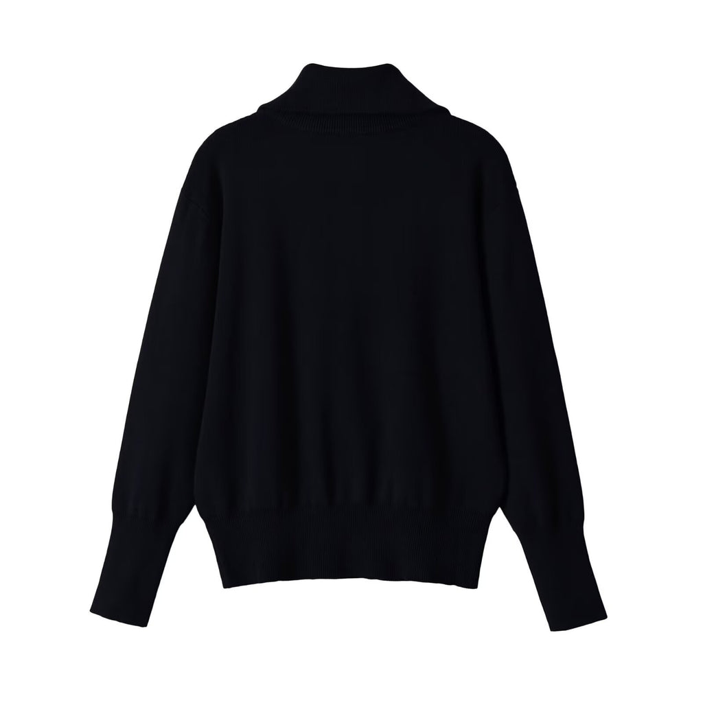 Loose contrasting color trimmed stand up collar knitted sweater for women