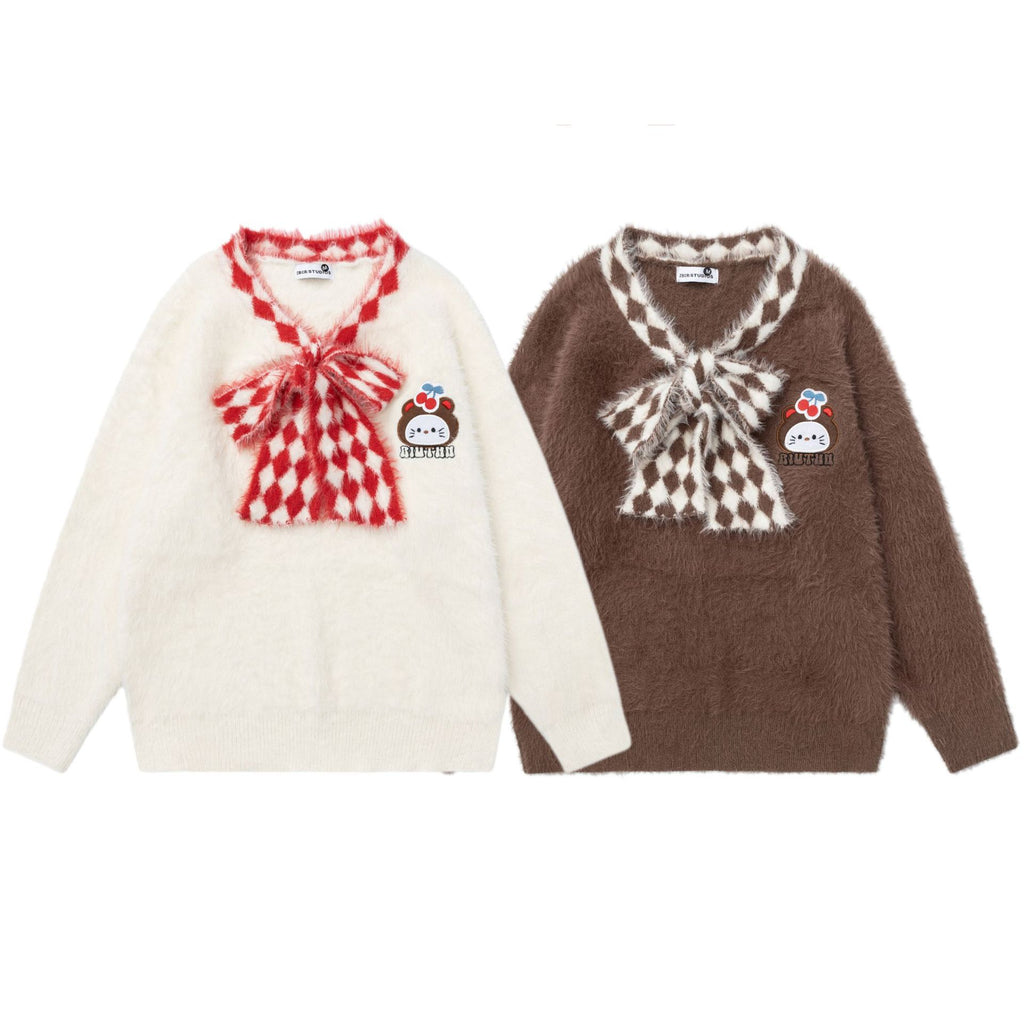 Collar lace tie sweater