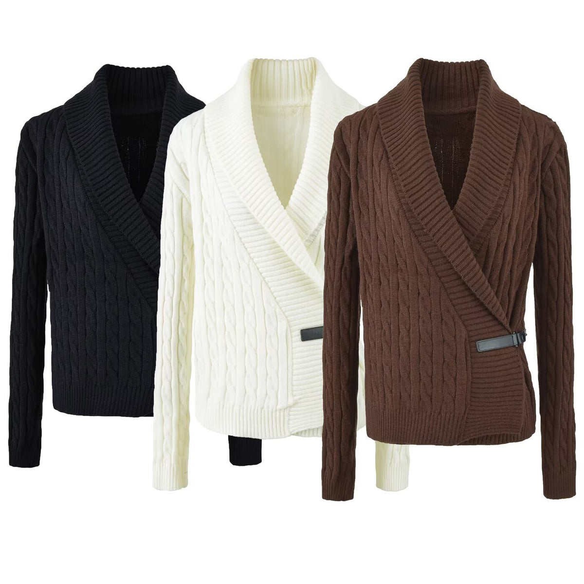 Cable Knit Women's Coat with Shawl Collar and Diagonal Leather Strap Closure