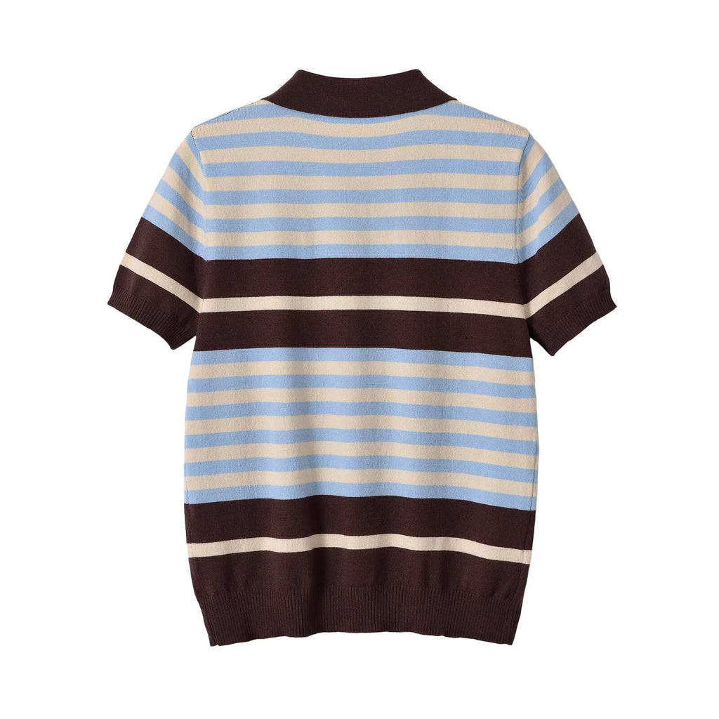 Contrast Color Stripe Pique Short Sleeve Knit Top with Collar