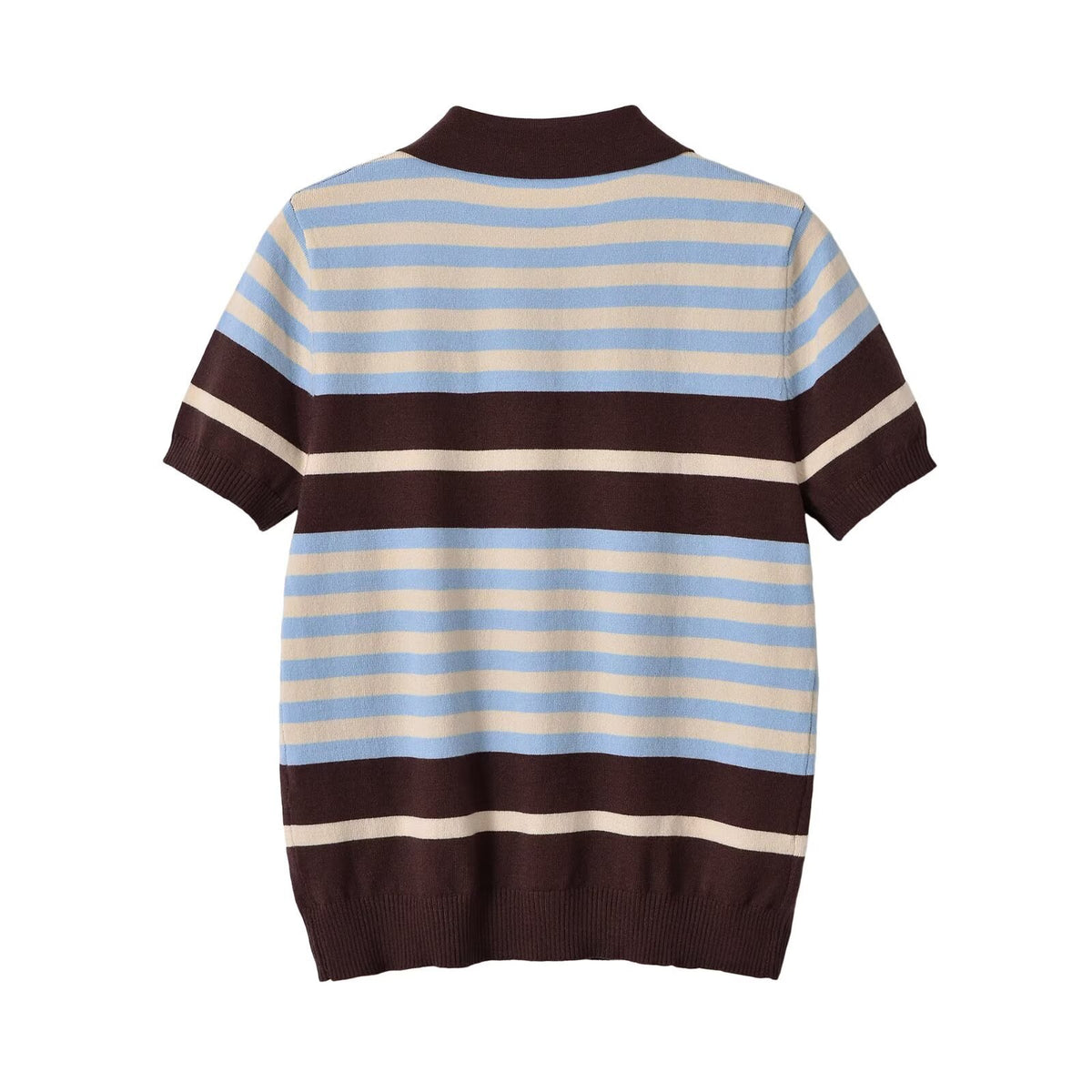 Contrast Color Stripe Pique Short Sleeve Knit Top with Collar