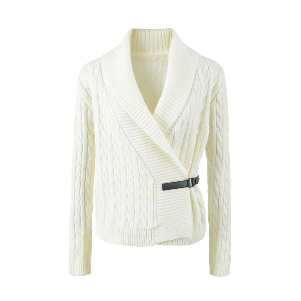 Cable Knit Women's Coat with Shawl Collar and Diagonal Leather Strap Closure