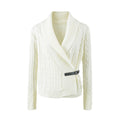 Cable Knit Women's Coat with Shawl Collar and Diagonal Leather Strap Closure