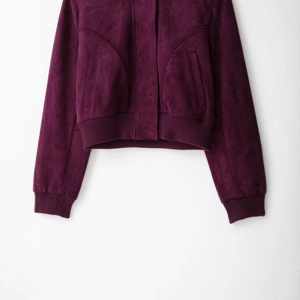 Casual long sleeved stand up collar women's suede texture effect jacket