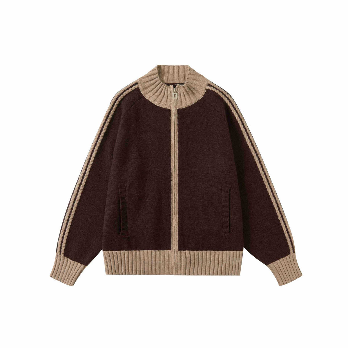 Color Block Long Sleeve Zip-Up Stand Collar Cardigan Jacket