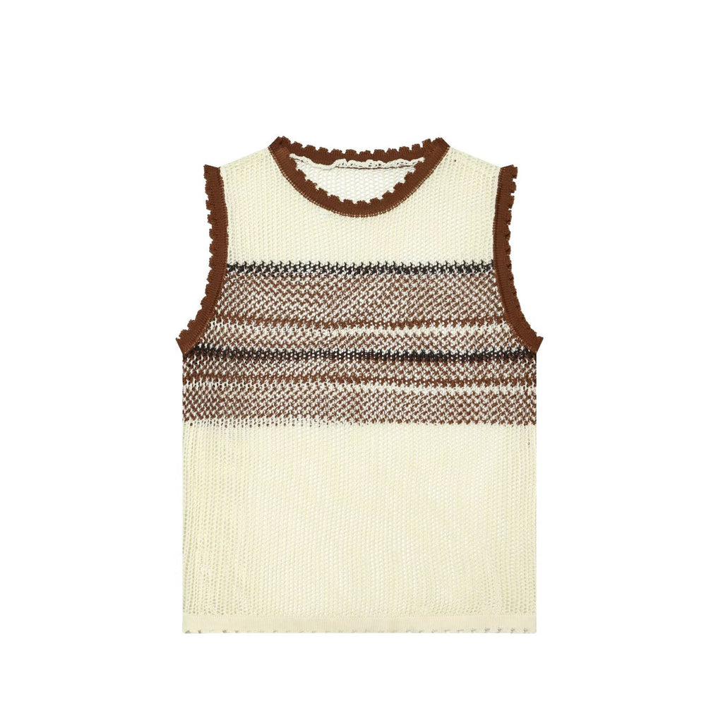Hollow out contrasting color sleeveless round neck knitted sweater vest for women
