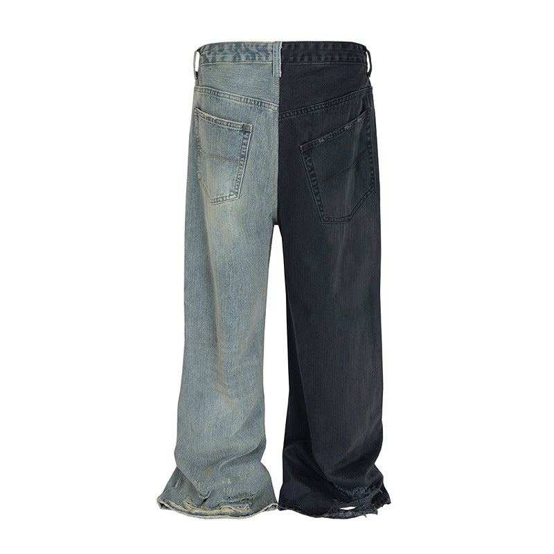 Straight Jeans Asymmetric Color Block Vintage Wide Leg Jeans Men