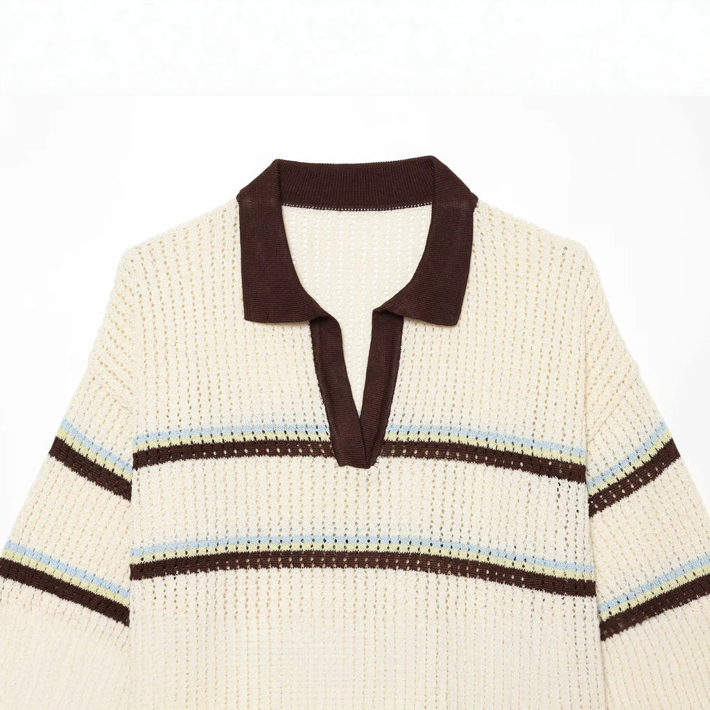 Short sleeved contrasting lapel striped knit sweater for women