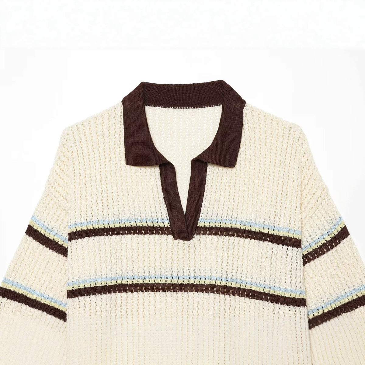 Short sleeved contrasting lapel striped knit sweater for women