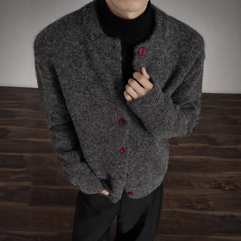 Men's Clean Fit Dark Gray Chanel-Style Short Open Front Knit Cardigan