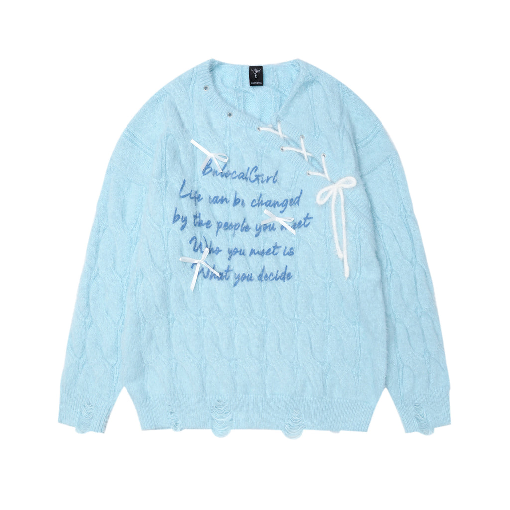 Bow tie tied letter printed sweater