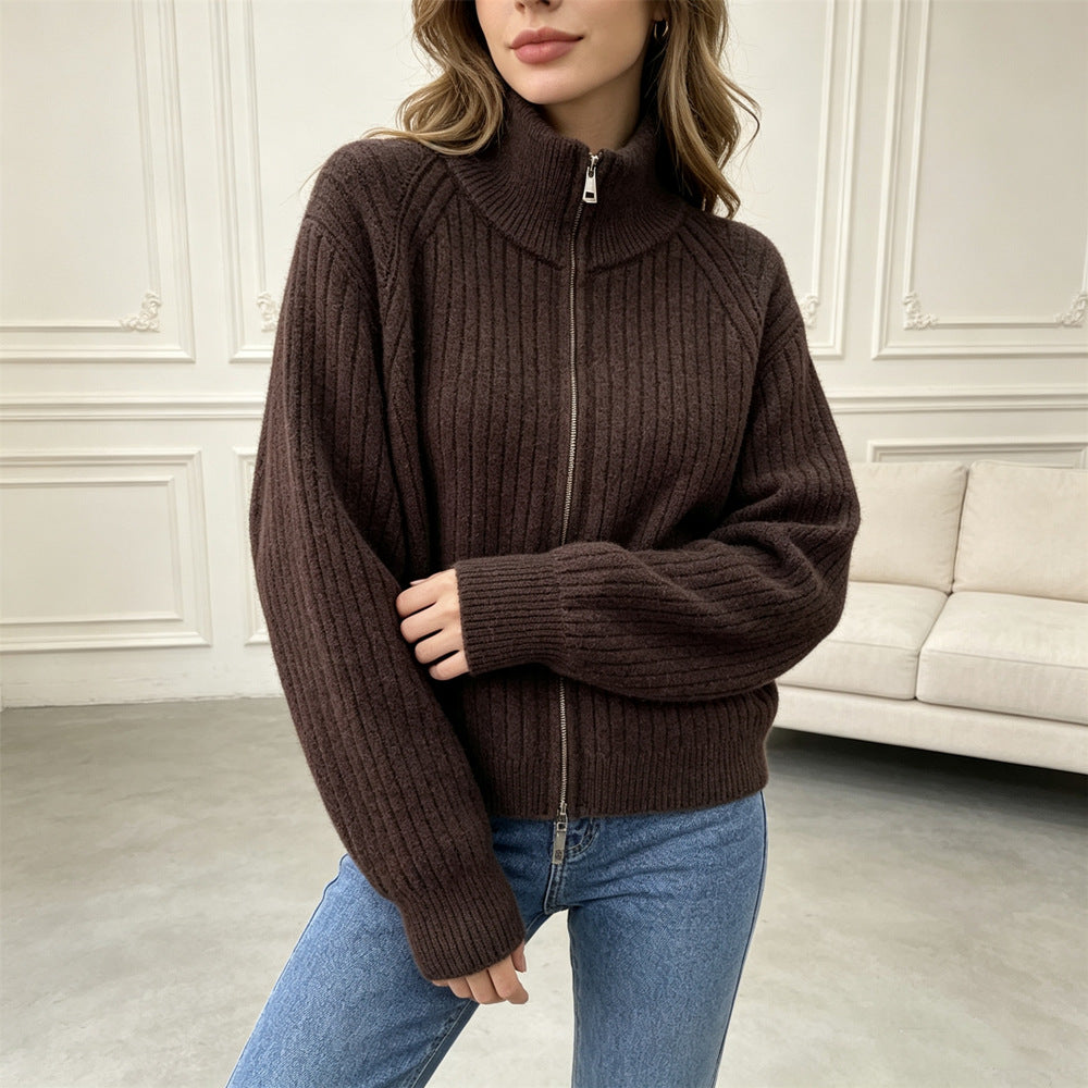 Stand up collar double zipper sweater for women