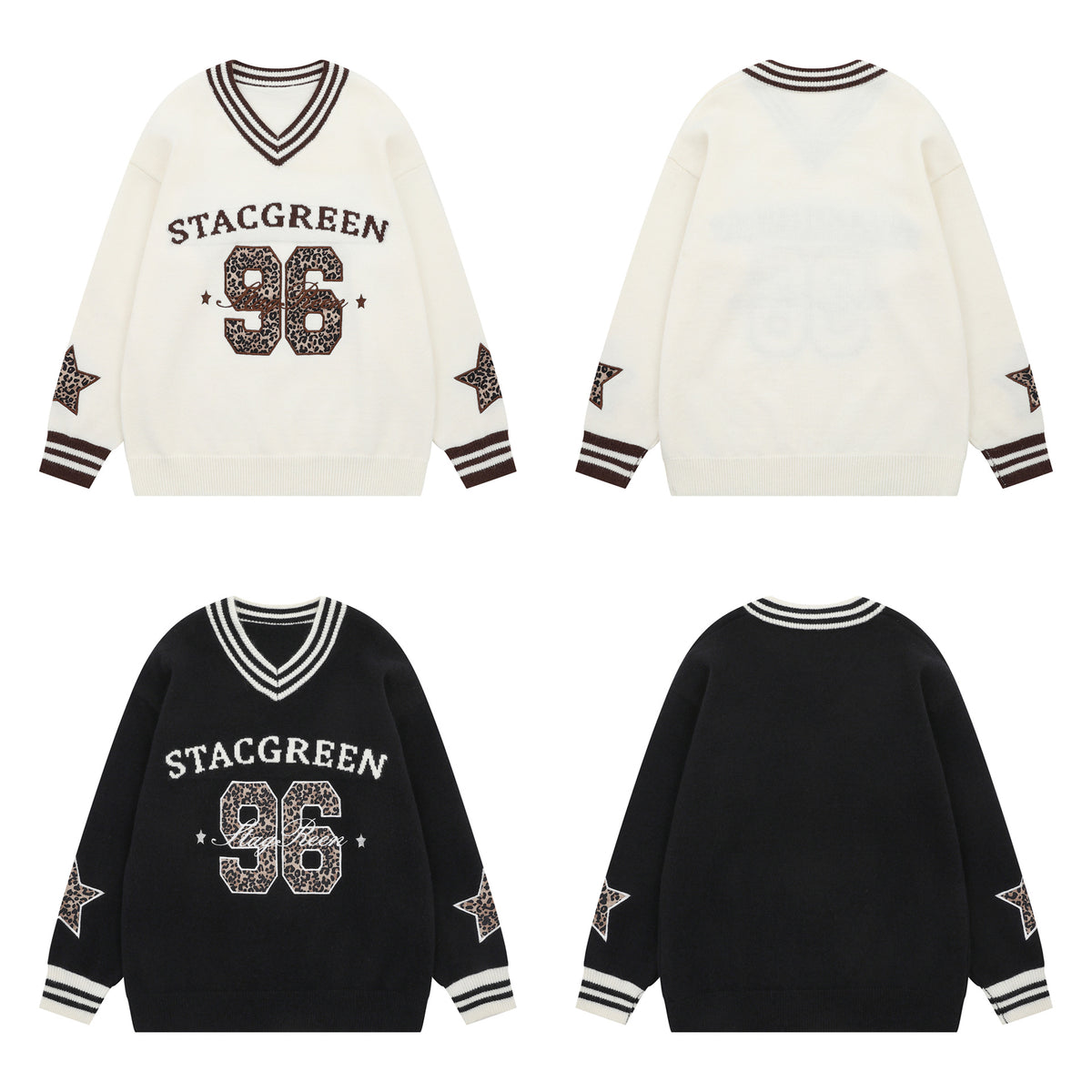 Striped V-neck letter jacquard sweater