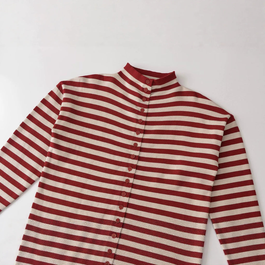 Button up stand up collar long sleeved striped knitted sweater for women