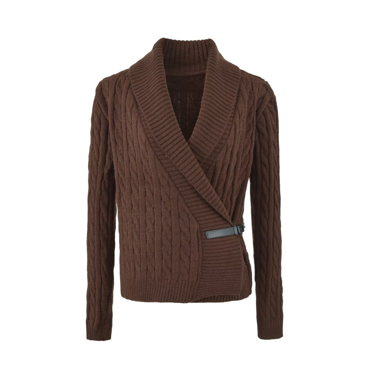 Cable Knit Women's Coat with Shawl Collar and Diagonal Leather Strap Closure
