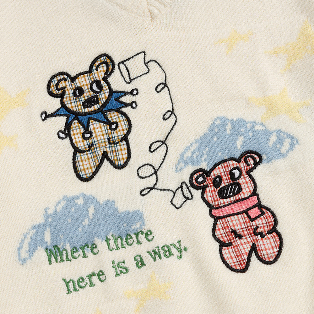 Cartoon Embroidery Fake Two Piece Color blocked Collar Sweater