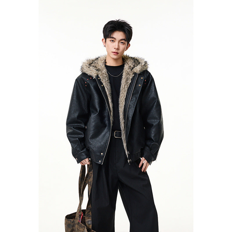 Wool collar cotton jacket pilot leather jacket