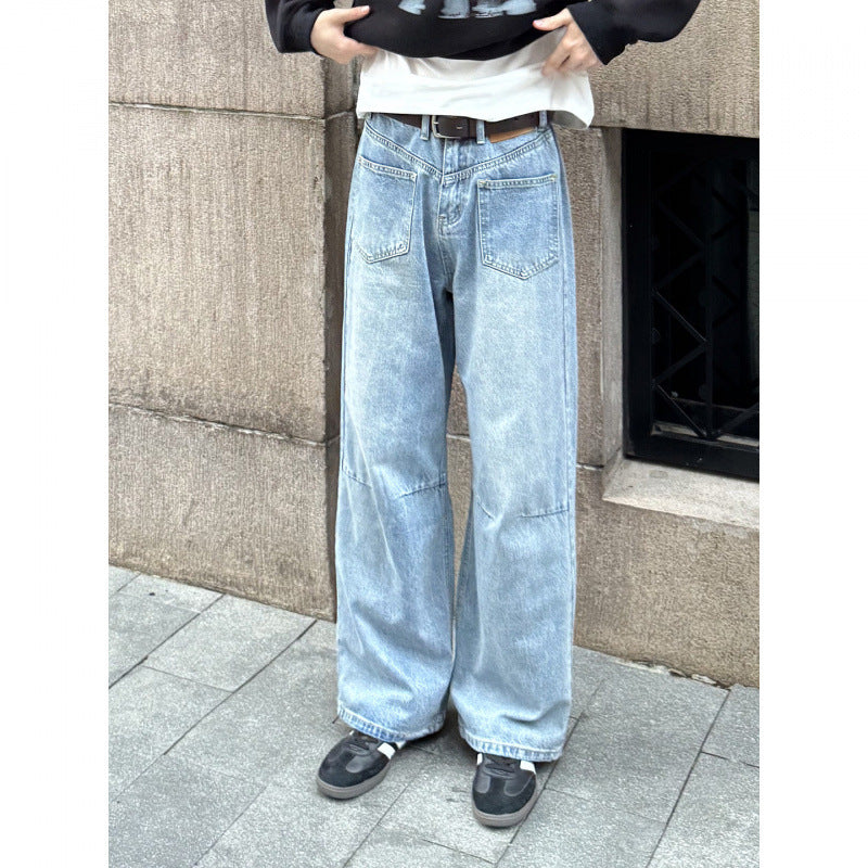 Light Blue Patchwork Knife-Edge Jeans for Men