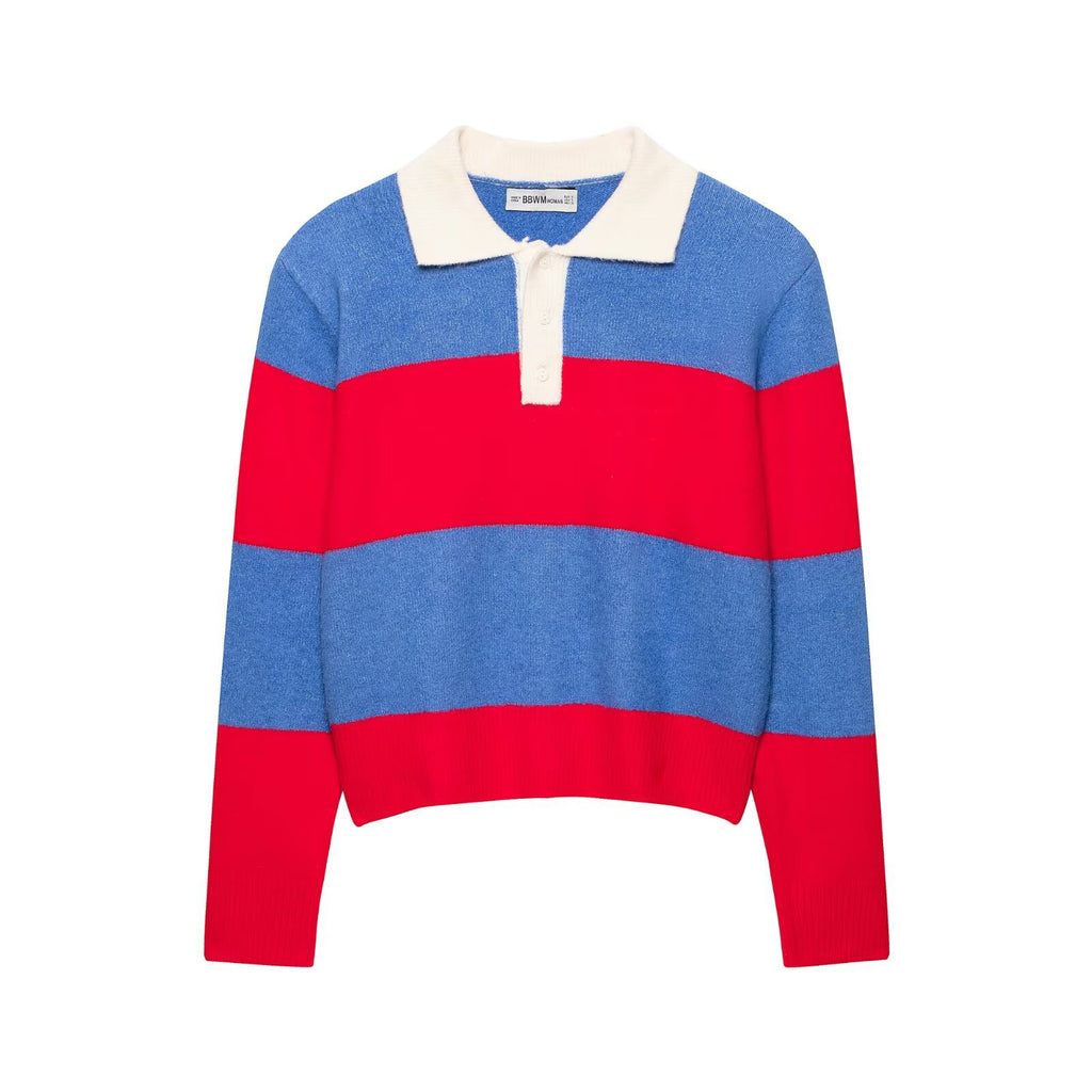 Loose striped shoulder pad contrasting POLO collar knitted sweater for women