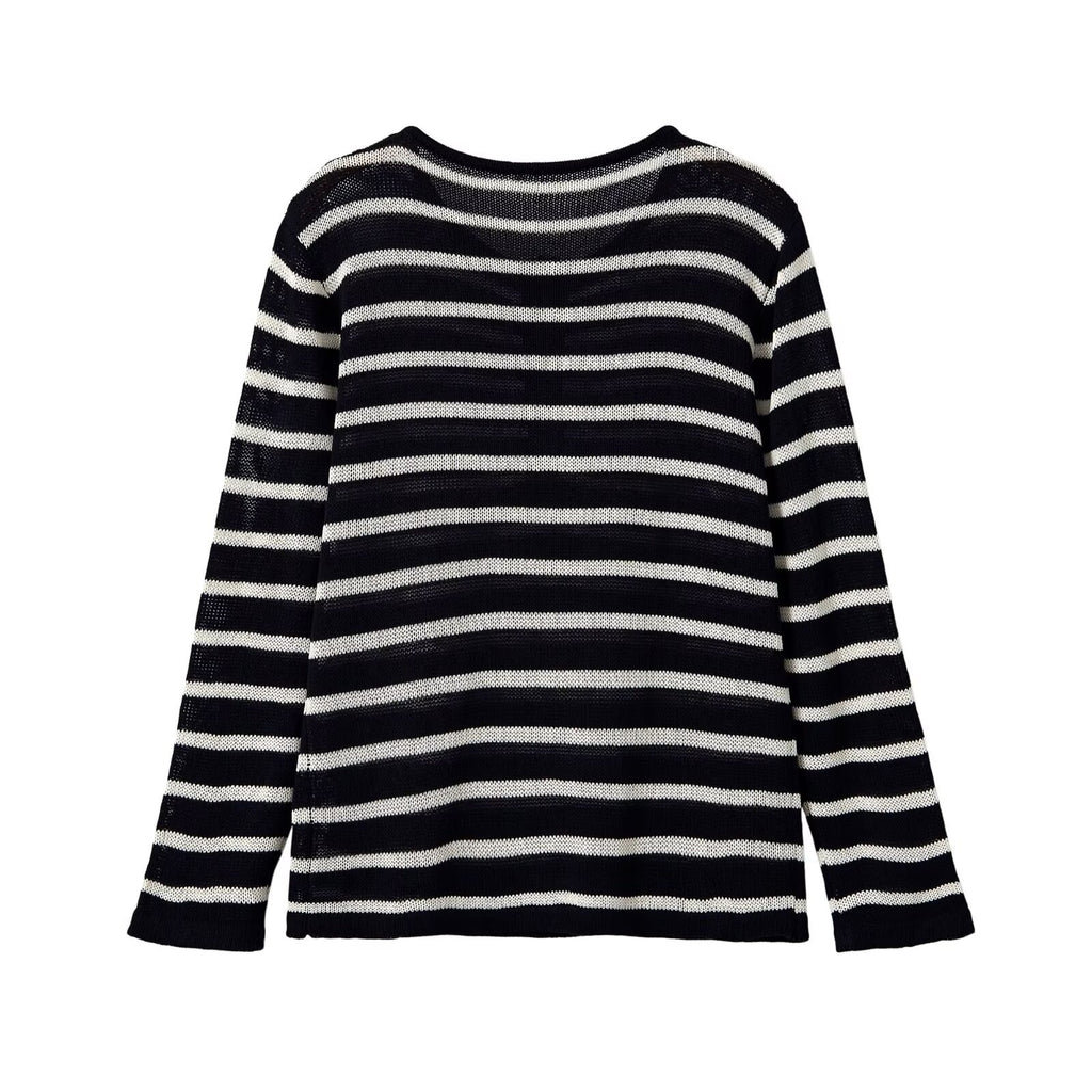 Casual and minimalist long sleeved round neck striped knitted sweater for women
