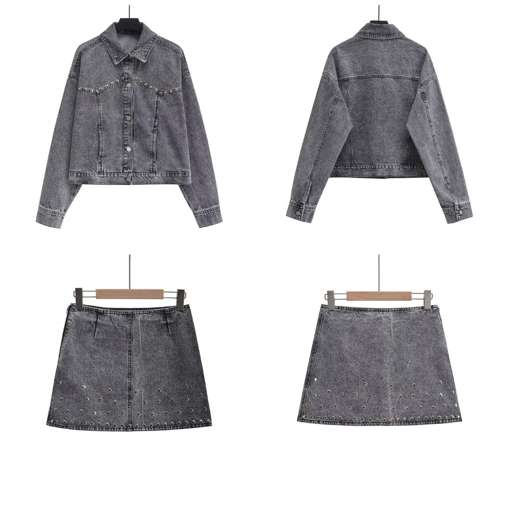 Riveted denim jacket jacket+half skirt set