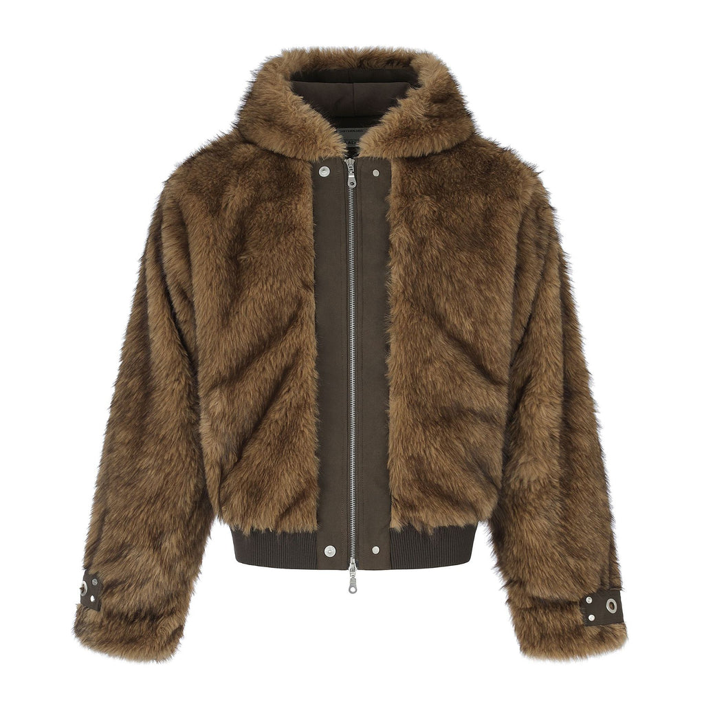 Furry Hooded Double Zipper Cropped Coat