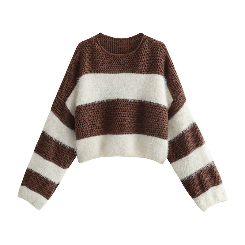 Color Block Striped Knit Pullover Sweater for Women, Loose Fit Top