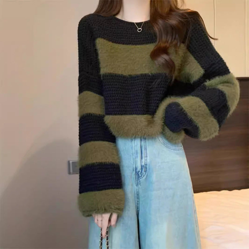 Color Block Striped Knit Pullover Sweater for Women, Loose Fit Top